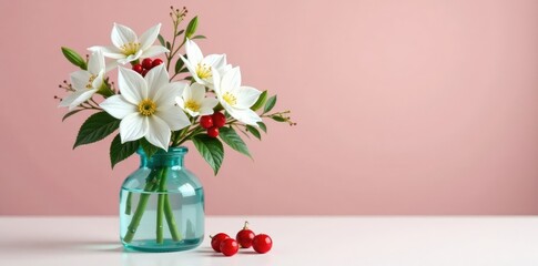Fototapeta premium A whimsical arrangement of white flowers and red berries in a light blue glass container, glass, berries, container