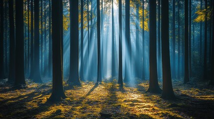 Sunbeams Through Misty Forest