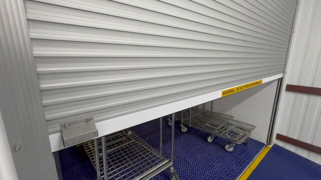 Freight elevator with empty trollies closing door down