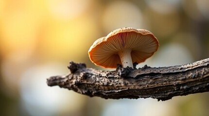 Mushroom growing on sunlit decayed wood in a natural forest setting