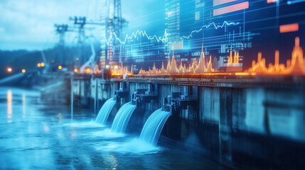 Hydroelectric Power Station with Massive Turbines Generating Electricity Against a Blurred Background of Oil Price Graphs Reflecting Global Energy Market Fluctuations