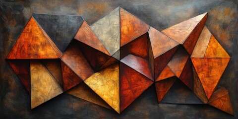 Abstract Geometric Wooden Shapes Warm Earthy Tones Digital Art Piece Cubism Inspired Soft Lighting