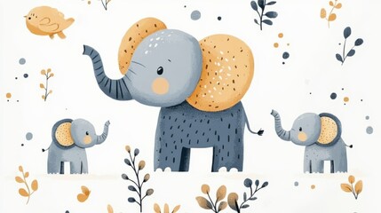 Watercolor seamless pattern with cute elephants. Hand drawn vector illustration