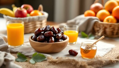 Minimalist table setting featuring a wooden bowl of dates, a fruit basket, and a glass of orange juice on a clean surface, accented with 1-2 green leaves, creating a fresh and elegant composition.