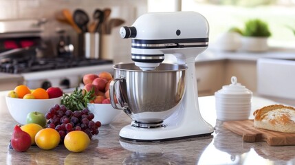 A stand mixer on a kitchen counter, surrounded by fresh fruit and baking supplies.