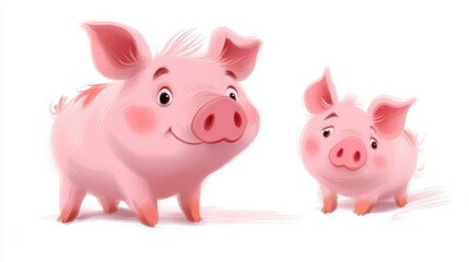 Fototapeta premium Two cute pink pigs isolated on white background, happy and sad.