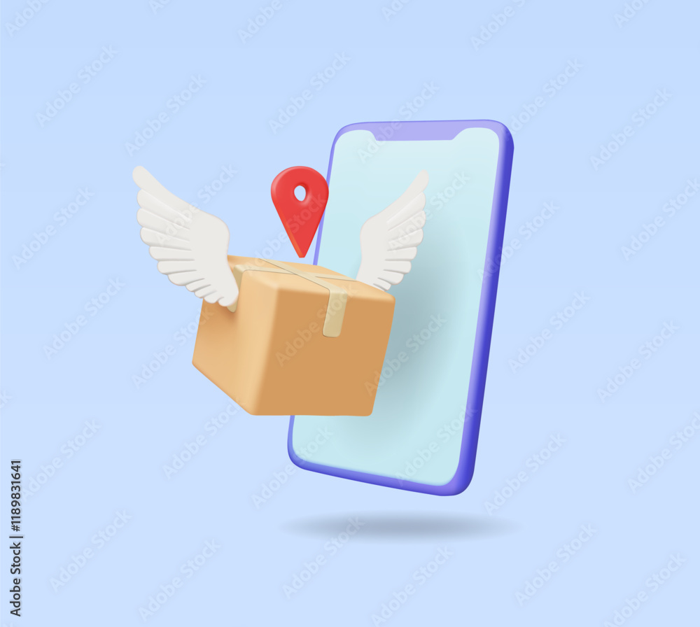 Poster 3d vector render illustration of a parcel box icon with white wings and a red location pin floating 