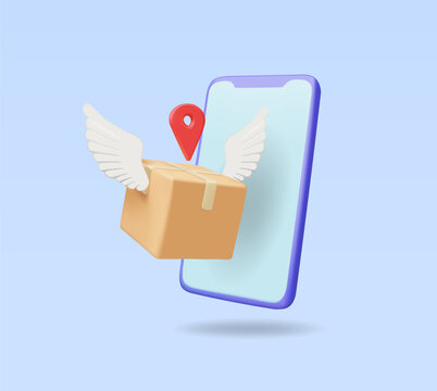3D vector render illustration of a parcel box icon with white wings and a red location pin floating on a smartphone screen. The concept of fast parcel delivery through a mobile application