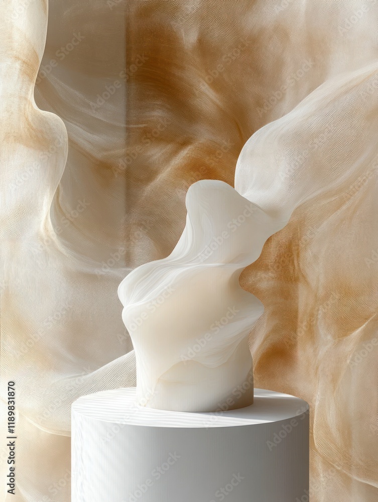Poster minimalist abstract pedestal display with translucent fabrics and natural light in soft beige and cr