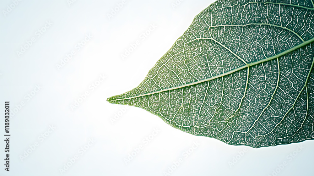 Poster close-up of a single, translucent green leaf with visible veins against a white background. the intr