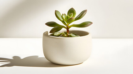 Fototapeta premium A small succulent plant in a minimalist off-white ceramic pot. The plant is vibrant green with reddish accents. The pot sits on a bright white surface.