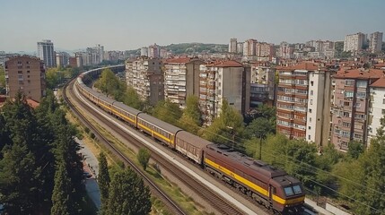 Long Train Journey Through Urban Landscape