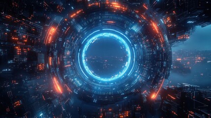 Obraz premium Futuristic Cyberpunk Cityscape with Glowing Portal and Neon Circuit Patterns