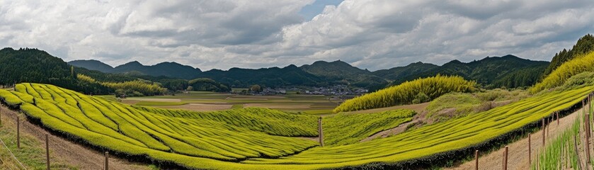Fototapeta premium Hillside tea plantation, rural Japan. Cloudy sky, village background. Postcard/tourism use