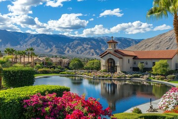 Naklejka premium Desert chapel, mountain view, peaceful pond, blooming flowers