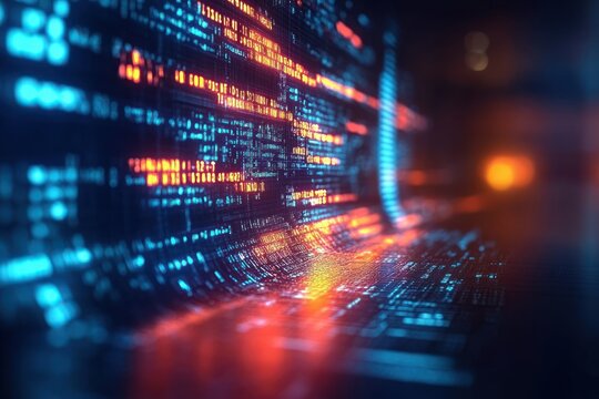 Futuristic Digital Landscape Flowing Code Abstract Technology Background Cyberpunk Neon Lights Moody