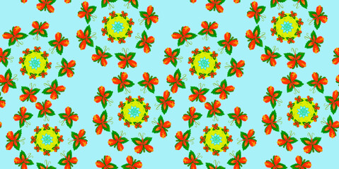 Seamless pattern featuring red butterflies with green leaves and circular floral mandalas on a light blue background. Vibrant Nature-Inspired Decorative Pattern. Abstract Floral and Butterfly Pattern