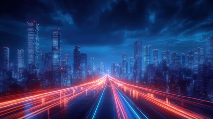 Futuristic Cityscape at Night with Neon Lights and Hyperloop Concept in a Cyberpunk Environment