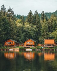 Obraz premium Tranquil Lakeside Cabins Nestled in Evergreen Forest