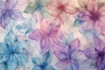 A soft, ethereal pattern of translucent flowers in pastel hues, creating a tranquil backdrop.