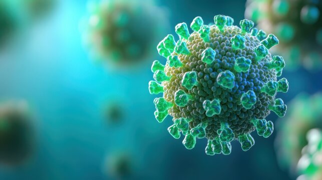 A green and blue virus is shown in a close up. Generative AI