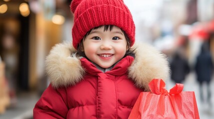 A joyful child wearing a red winter coat and a knit hat holds a bright shopping bag while exploring a bustling shopping mall with family. The scene captures holiday excitement