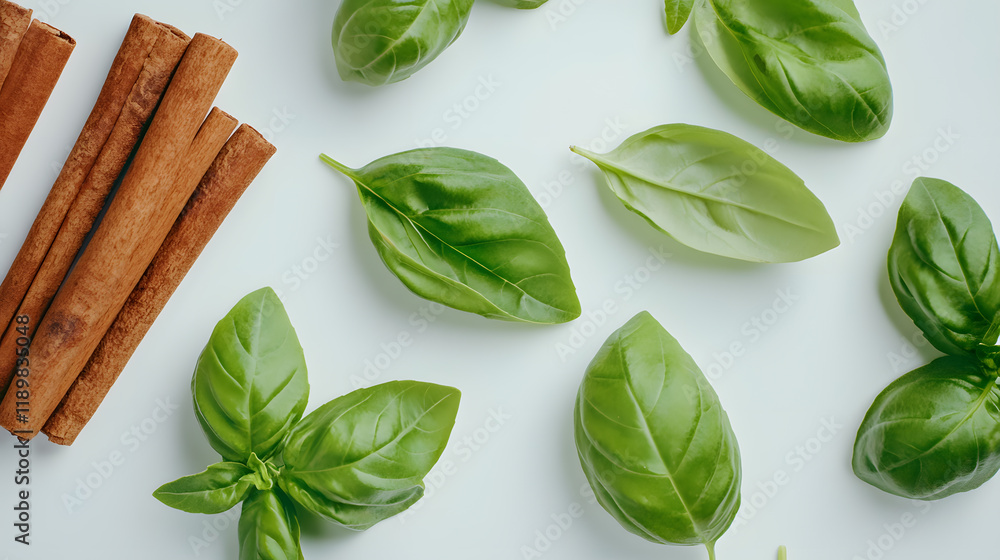 Poster flat lay of cinnamon sticks and fresh basil leaves arranged on a white background. aromatic and visu