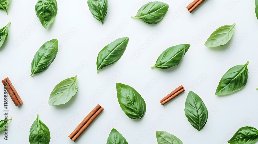 Poster a flat lay image featuring fresh basil leaves and cinnamon sticks arranged on a white background. th