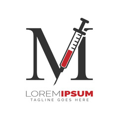Letter M Injection Logo Design. Alphabet M Syringe icon illustration
