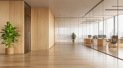 Obraz premium A wooden business interior featuring glass rooms and an open door, designed for a collaborative meeting space.