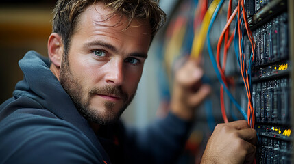 Focused male technician working on server rack, maintaining network connections in data center