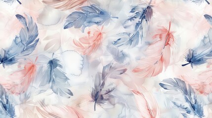 A soft, watercolor pattern featuring delicate feathers in pastel colors.