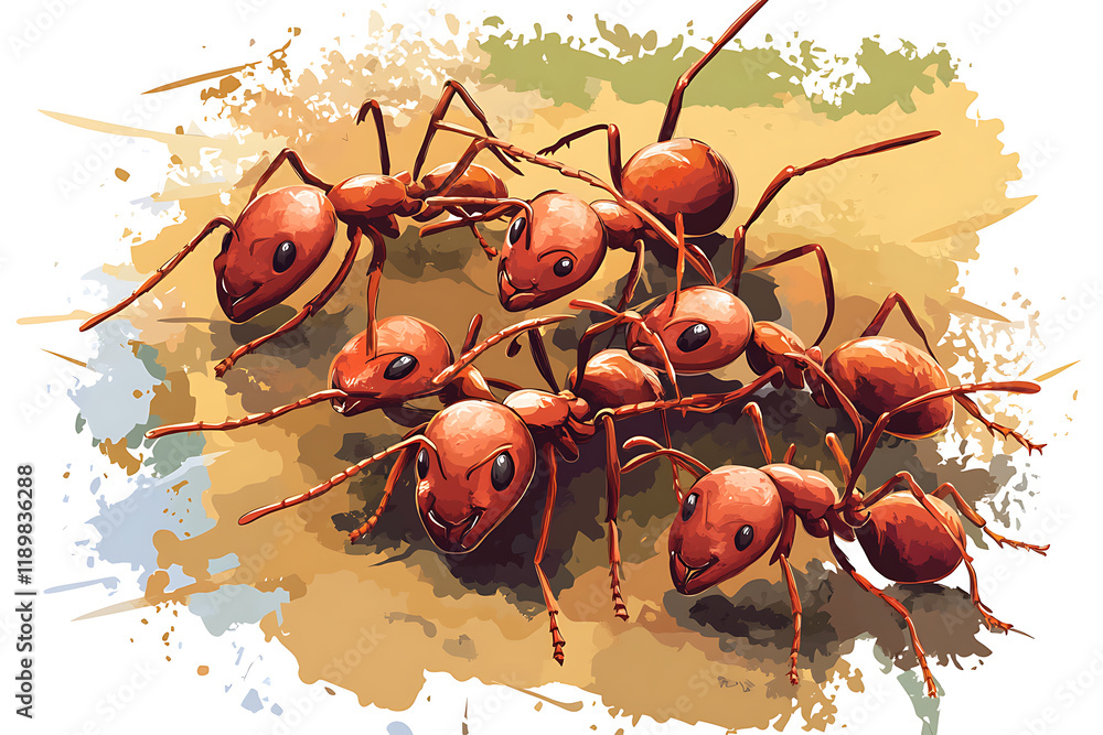 Poster a group of red ants clustered together on a surface, showcasing their detailed features.