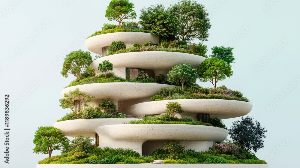 Poster modern ecological building design with layers of greenery and diverse flora for sustainable architec