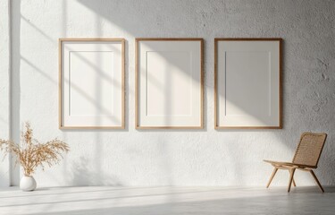 empty picture frames on white wall minimalistic interior design Scandinavian art style natural light