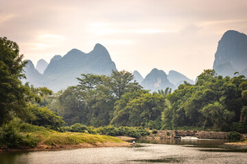 li river in yangshuo, yangshuo, guilin, china, karst landscape, limestone, sunset