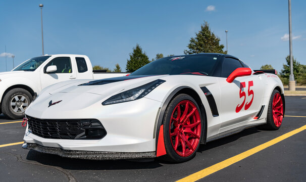 Chicago, Illinois, USA - September 08, 2024: Chevrolet Corvette C7 Chevy sportscar vehicle, cornerview. Chevy sports car. Chevrolet Corvette C7 car. Chevrolet Corvette C7 at Chicago