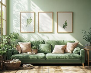 Cozy Living Room with Green Sofa and Natural Light in Scandinavian Design