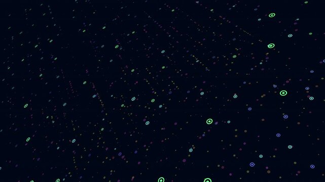Colorful dots are scattered across a black background in an apparent pattern whose meaning remains unclear. The image evokes curiosity and contemplation
