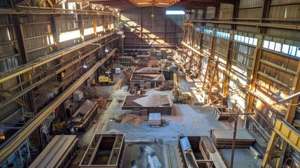 A spacious industrial facility with machinery and materials for manufacturing processes.