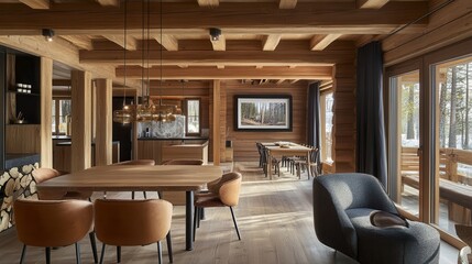 A wooden home living room featuring comfortable chairs and an eating table, with a mockup frame for personalized decor.
