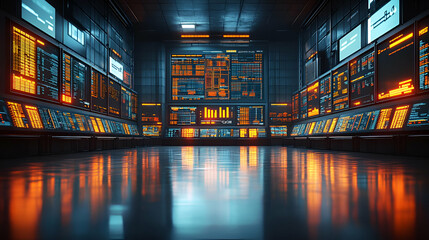 Futuristic Control Room with Glowing Screens and Reflective Floor