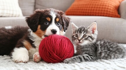 A fluffy puppy and a mischievous kitten playing with a ball of yarn in a cozy living room.