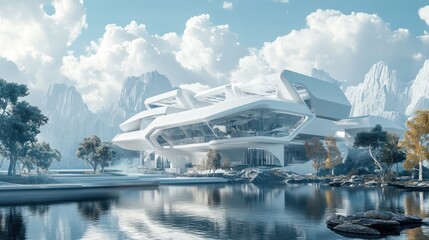 Fototapeta premium 3D rendering of a modern white building with a parking lot.