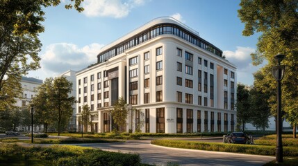 Obraz premium 3D rendering of a modern white building with a parking lot.