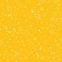 Yellow Repeat Pattern with Flowers, Ladybirds, Butterflies and Bees