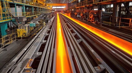A steel mill with molten metal flowing along tracks, showcasing industrial processes.