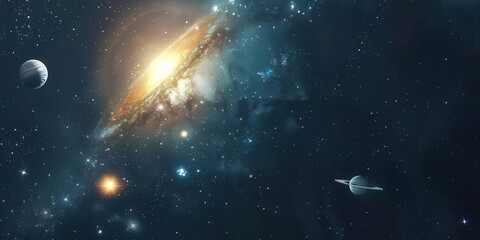 Obraz premium A stunning cosmic scene featuring a galaxy, planets, and stars in a vast universe.