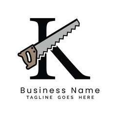 Letter K handsaw logo. Alphabet K woodwork and carpentry icon