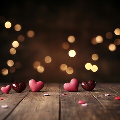 Valentine's Day background with an empty wooden table top for product display, red and pink heart confetti decoration on a dark brown bokeh lights backdrop. Valentine's Day banner template
